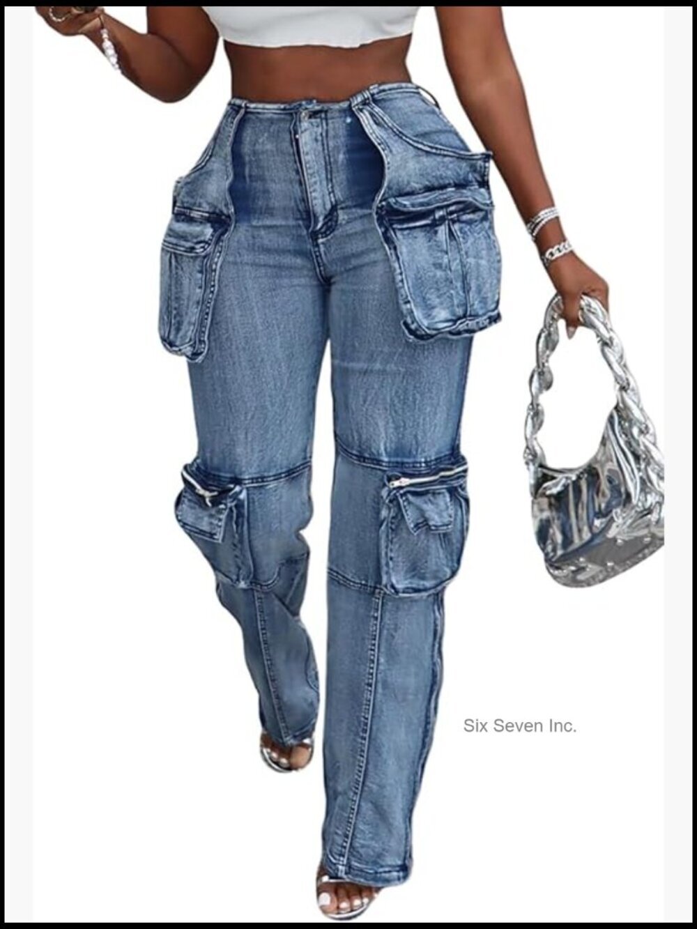 Novelty High Waist Zip Side Slit Cargo Jeans with Multi Pockets